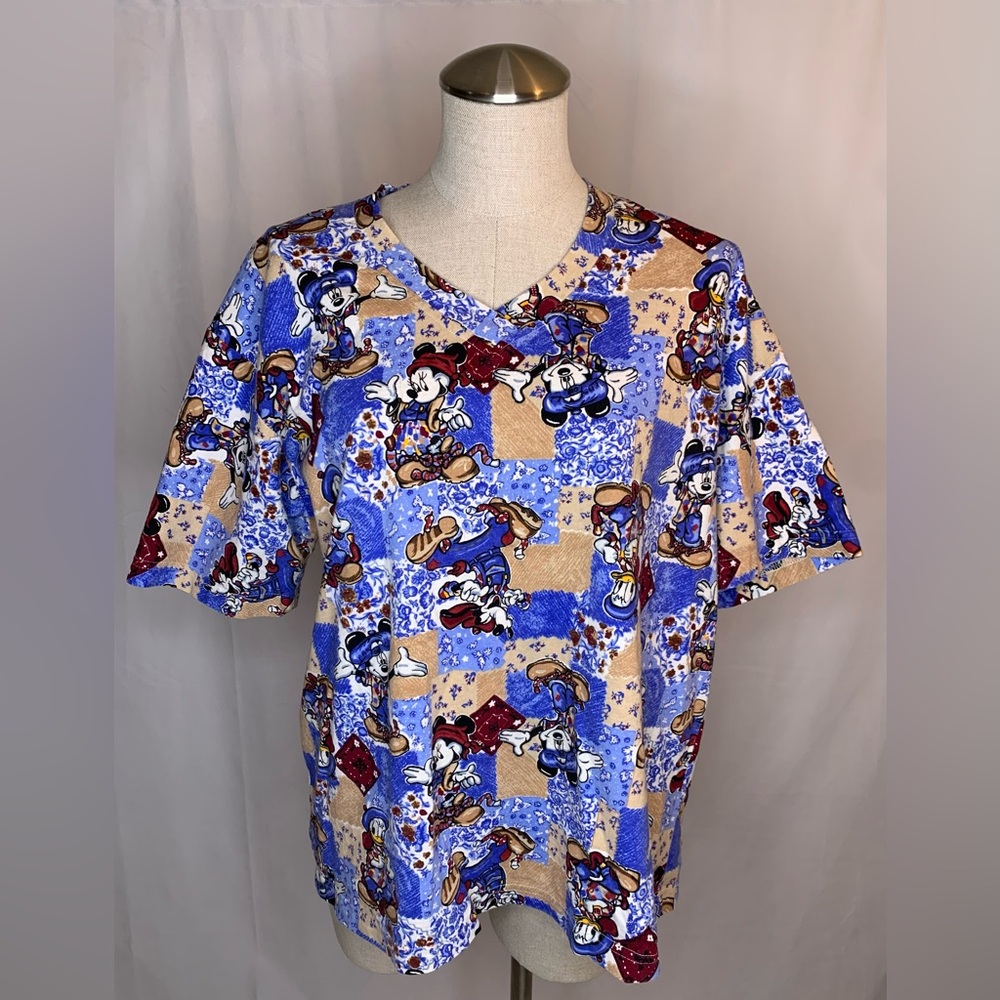 Disney vintage tunic Mickey Minnie Donald patchwork v-neck blouse shirt L 90s